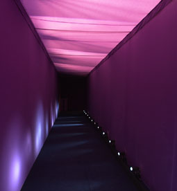 Feature covered walk way between marquees with floor lighting